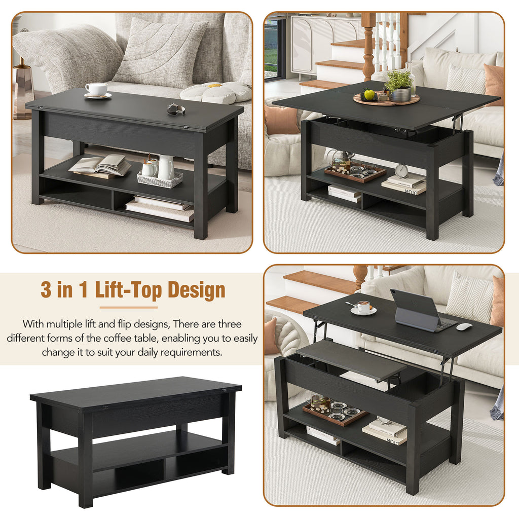 Leoglint [VIDEO provided] ON-TREND Lift Top Coffee Table, Multi-Functional Coffee Table with Open Shelves, Modern Lift Tabletop Dining Table for Living Room, Home Office, Black