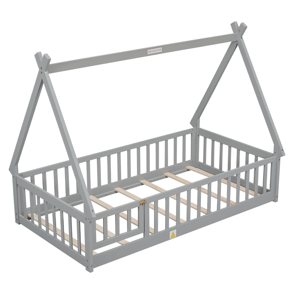 Leoglint Twin Tent-shaped Floor Bed Frame, with Guardrails, Slats, Door ,Grey