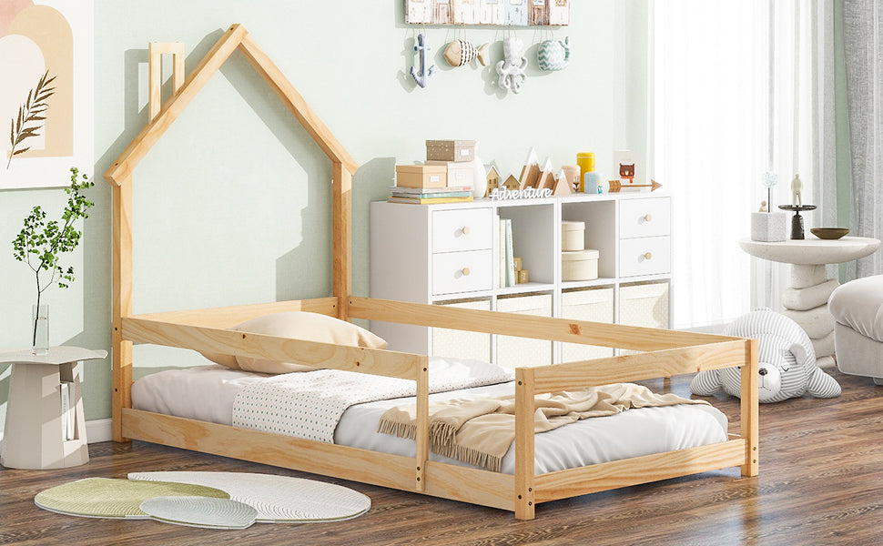 Twin Size Wood bed Frame with House-shaped Headboard Floor bed with Fences,Natural