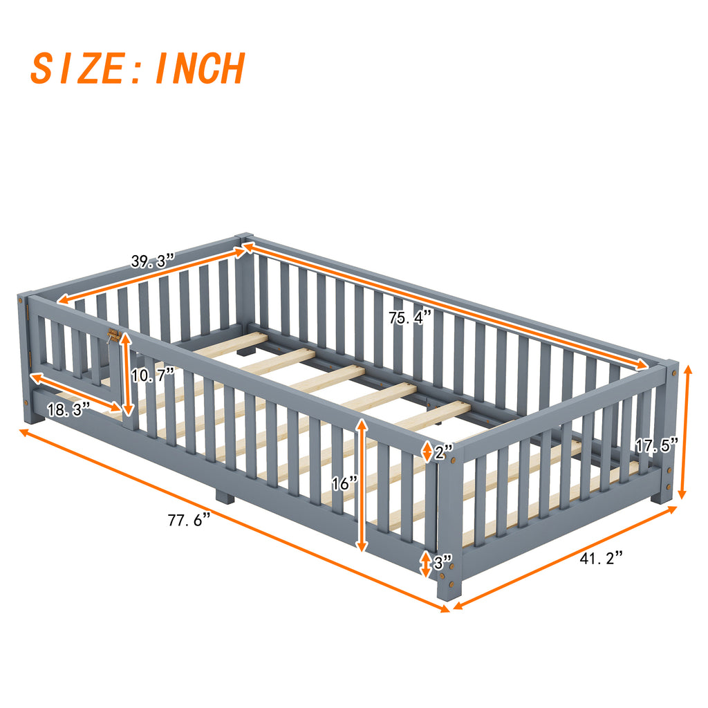 Leoglint Twin Size Bed Floor Bed Frame with Safety Guardrails and Door for Kids, Gray(Old SKU: W158090685)