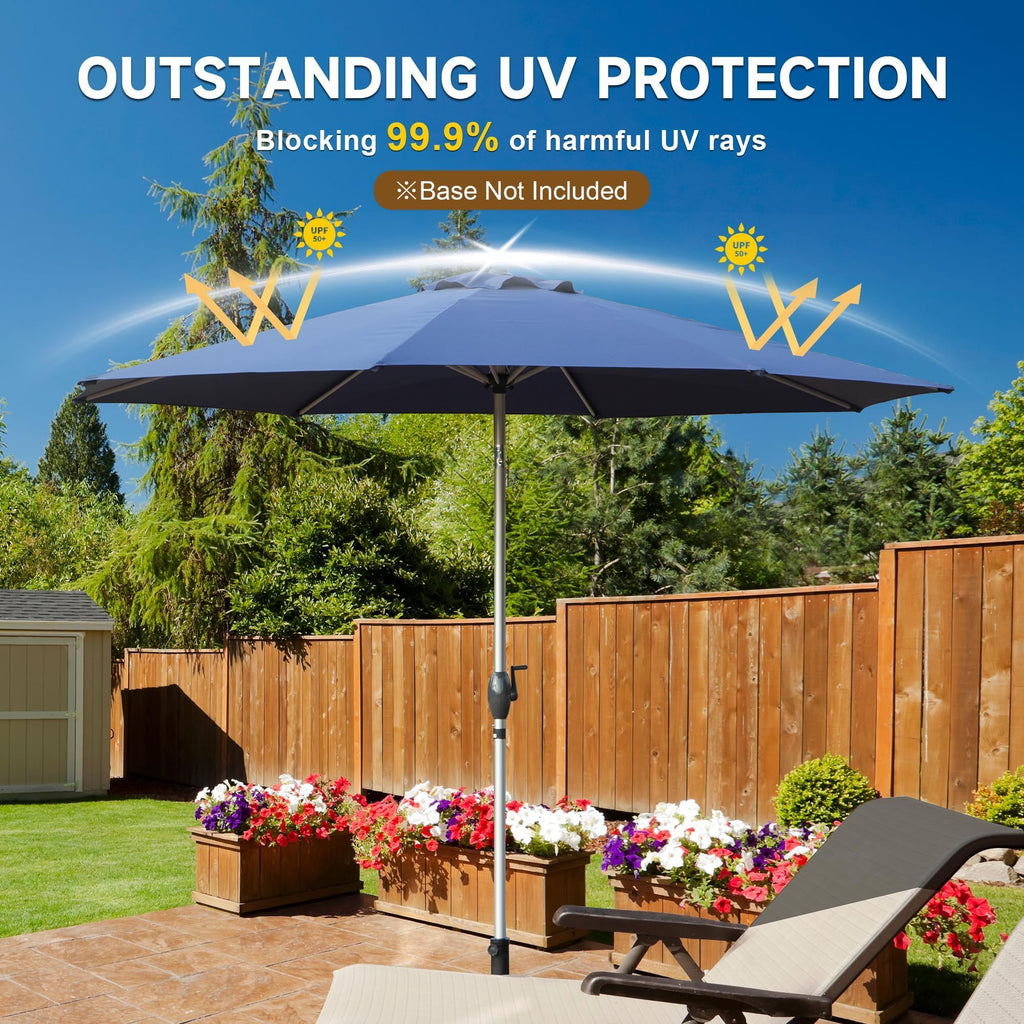 Leoglint 9FT Patio Umbrella, Outdoor Umbrella with Push Button Tilt and Crank, UV Protection Waterproof Market Sun Umbrella with 8 Sturdy Ribs for Garden, Deck, Backyard, Pool (Navy Blue)