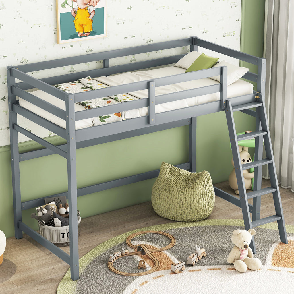 Leoglint Twin Size High Loft Bed Frame with inclined Ladder, Guardrails,Grey