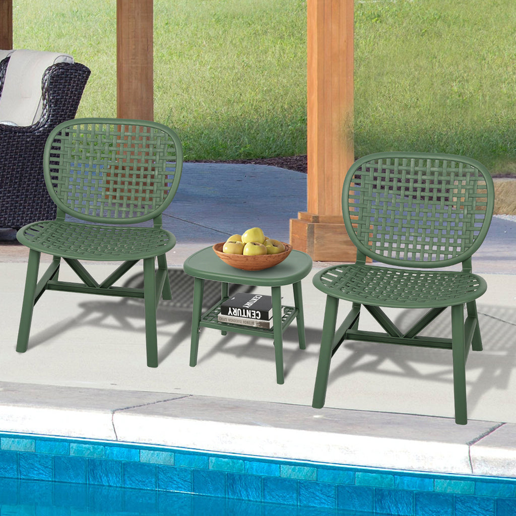 Leoglint 3 Pieces Hollow Design Retro Patio Table Outdoor Chair Set All Weather Conversation Bistro Set Outdoor Table with Open Shelf and Lounge Chairs with Widened Seat for Balcony Garden Yard  Green