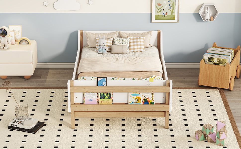 Twin Bed Frame with Headboard, Footboard, Safeguards,  Built-in Bed-end Book Storage Rack ,White