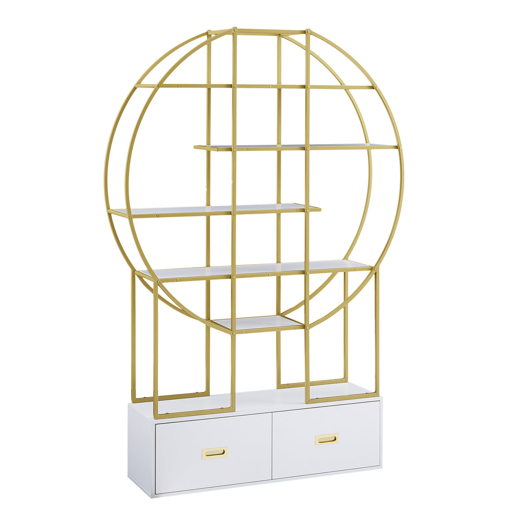 Leoglint 70.8 Inch Round Office Bookcase Bookshelf, Display Shelf, Two Drawers, Gold Frame