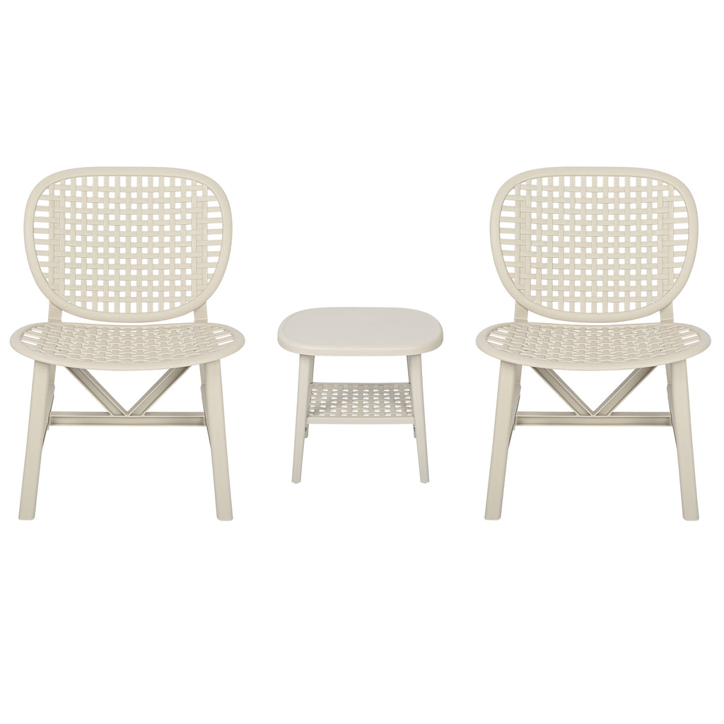 Leoglint 3 Pieces Hollow Design Retro Patio Table Outdoor Chair Set All Weather Conversation Bistro Set Outdoor Table with Open Shelf and Lounge Chairs with Widened Seat for Balcony Garden Yard White