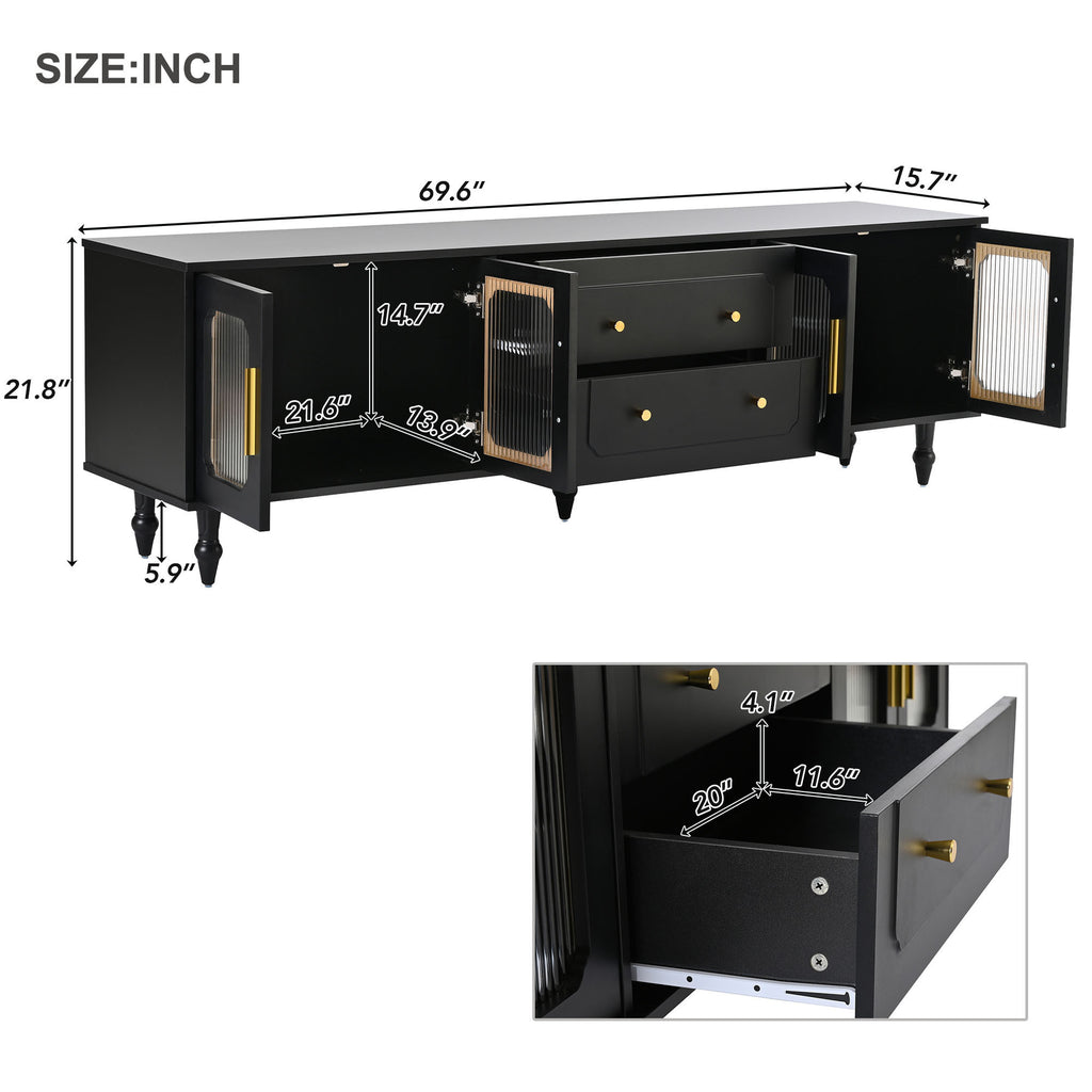 Leoglint ON-TREND Retro Design TV Stand with Fluted Glass Doors for TVs Up to 78'', Practical Media Console with 2 Drawers and Cabinets, Elegant Entertainment Center for Living Room, Black