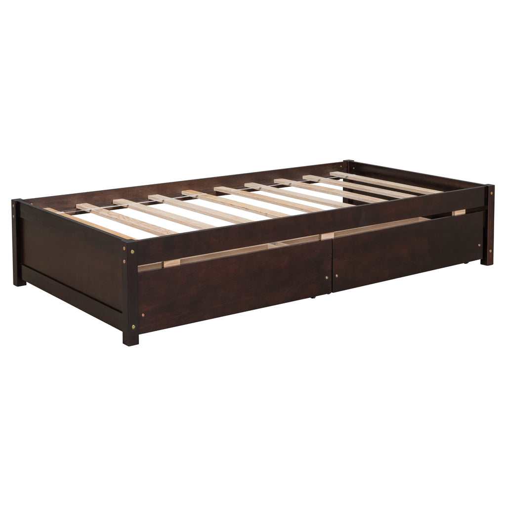 Twin Bed Frame with 2 Drawers, Solid Wood, No Box Spring Needed ,Espresso(Old SKU:W50441670)