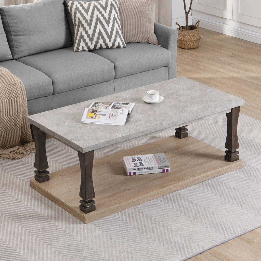 Leoglint Rectangle Mid-Century Coffee Table for Living Room, Wood Coffee Table with 2-Tier Storage Shelf, Square Center Table Wooden Accent Cocktail End Table for Home, Grey Tabletop