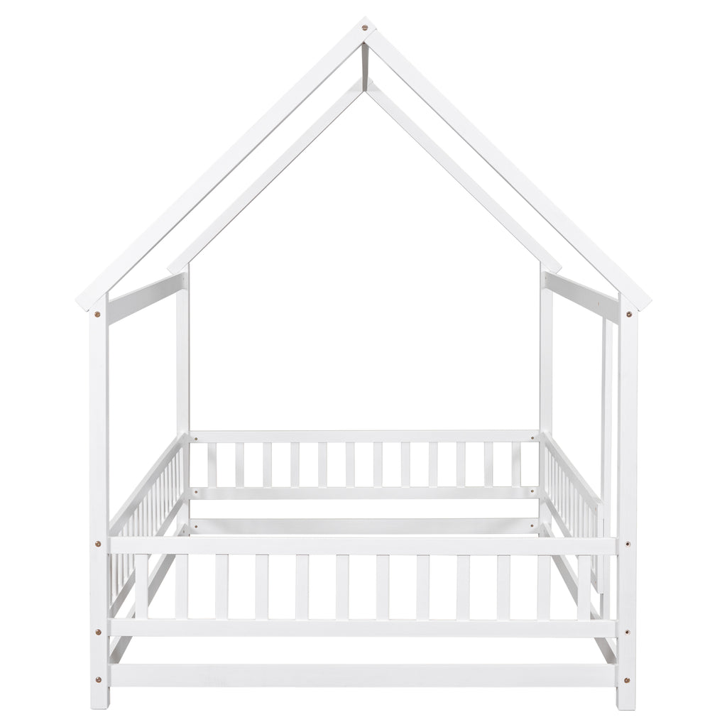 Leoglint Bed Frame Full Size Floor Wooden Bed with House Roof Frame, Fence Guardrails ,White