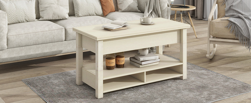 Leoglint [VIDEO provided] ON-TREND Lift Top Coffee Table, Multi-Functional Coffee Table with Open Shelves, Modern Lift Tabletop Dining Table for Living Room, Home Office, Rustic Ivory