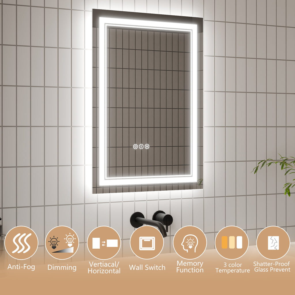 Leoglint LED Bathroom Mirror, 20x28 inch Bathroom Vanity Mirrors with Lights, Mirrors for Wall with Smart Touch Button, Anti-Fog, Memory Function, Stepless Dimmable Makeup Mirror (Horizontal/Vertical)