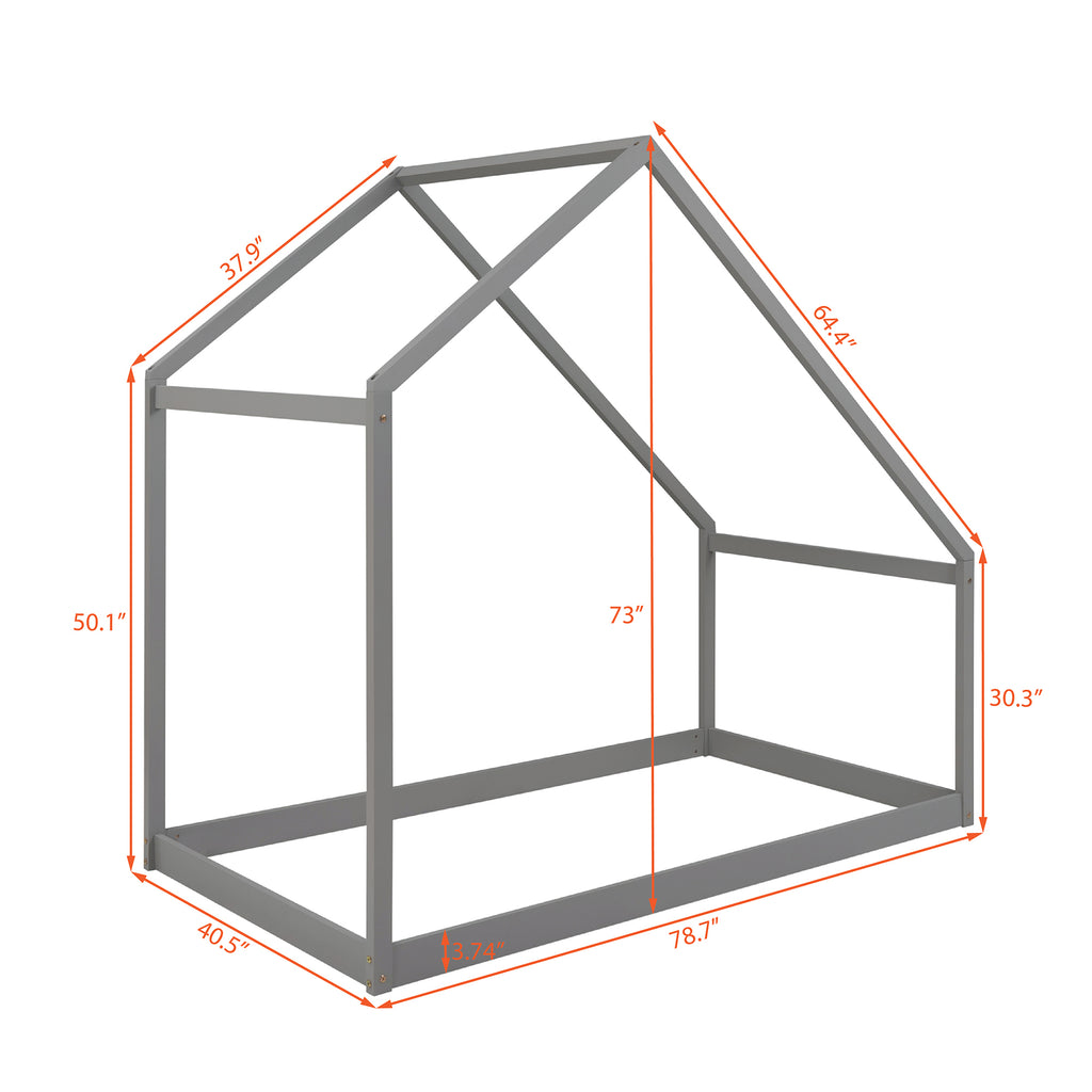 Leoglint Twin Size Wooden House Bed Frame, Gray