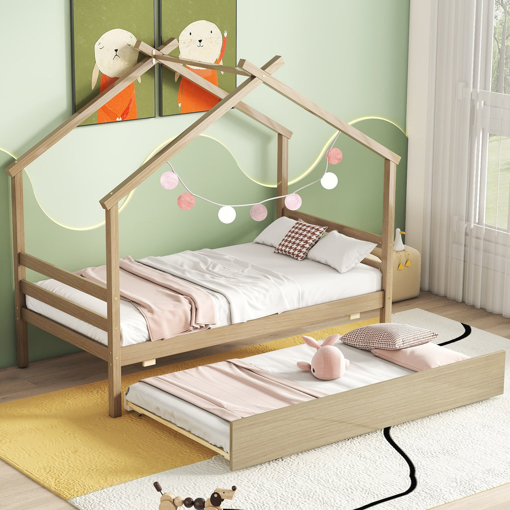 Leoglint Twin Size  House-shaped Bed Frame with Trundle,Natural