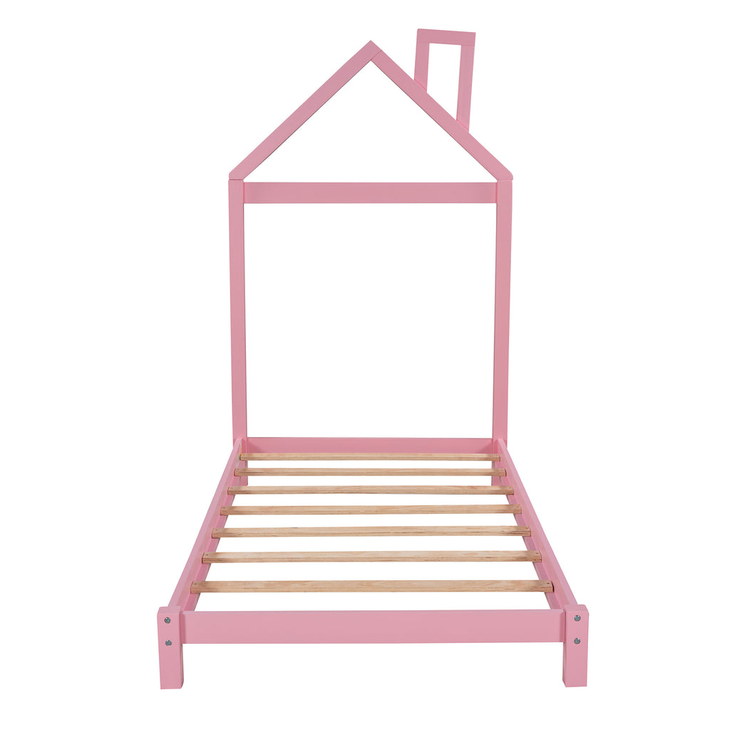 Leoglint Twin Size Wood Platform Bed Frame with House-shaped Headboard  (Pink)