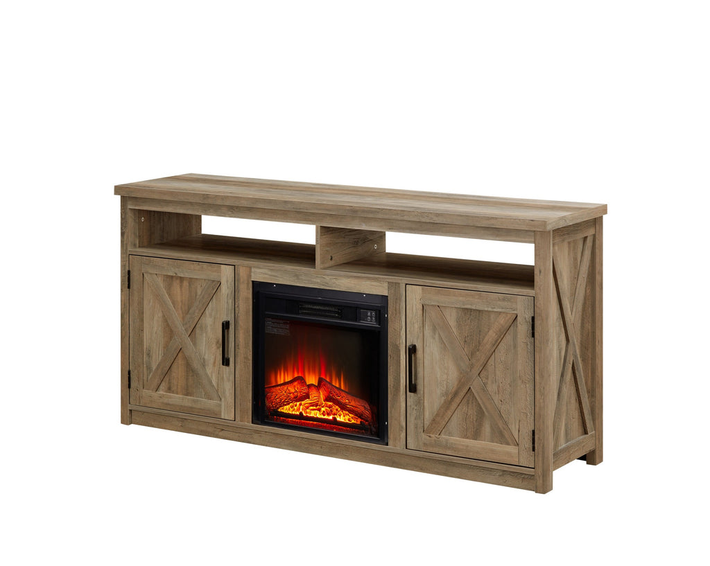 Leoglint Farmhouse TV Stand, Large Barn Inspired Home Entertainment Console, with 18" Fireplace Insert, for TV Up to 65'', with Open Shelves and Closed Cabinets, Gray Wash 57.87*15.75*30.31