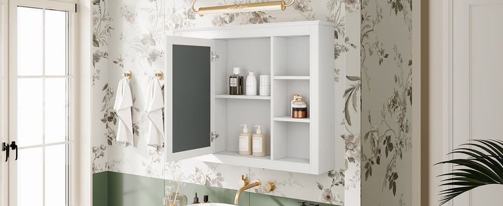 Leoglint 35'' x 27.5'' Medicine Cabinet, Wall Mounted Bathroom Storage Cabinet, Modern Bathroom Wall Cabinet with Mirror, Mirror Cabinet with 6 Open Shelves (Not Include Bathroom Vanity )