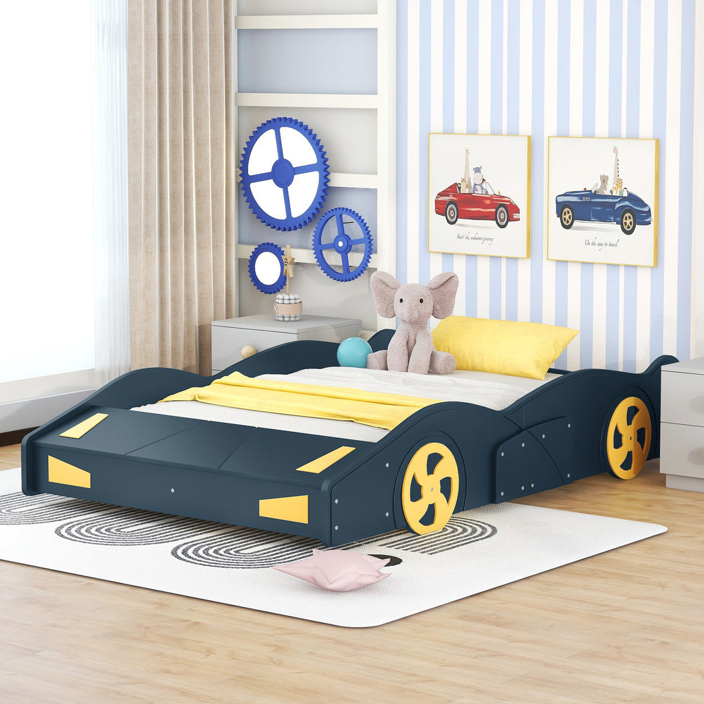 Leoglint Bed Frame Full Size Race Car-Shaped Platform Bed with Wheels and Storage, Dark Blue+Yellow