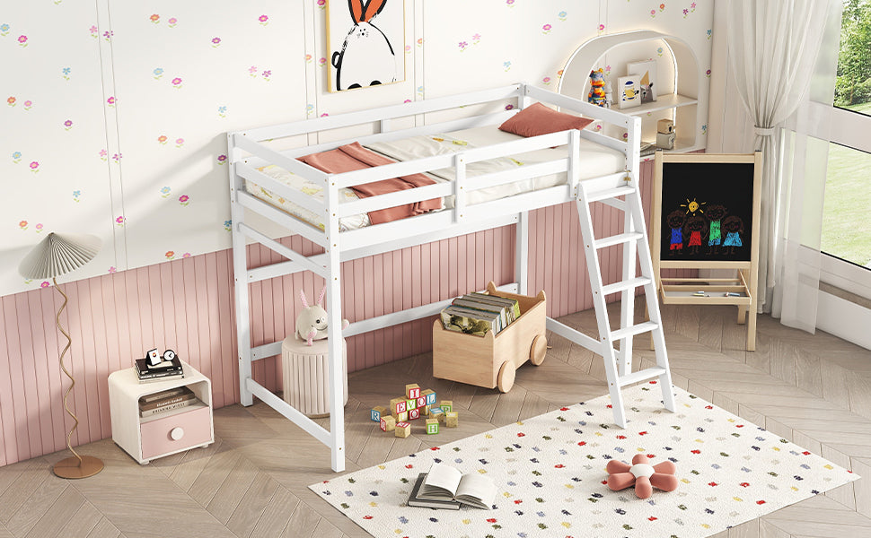 Leoglint Twin Size High Loft Bed Frame with inclined Ladder, Guardrails,White