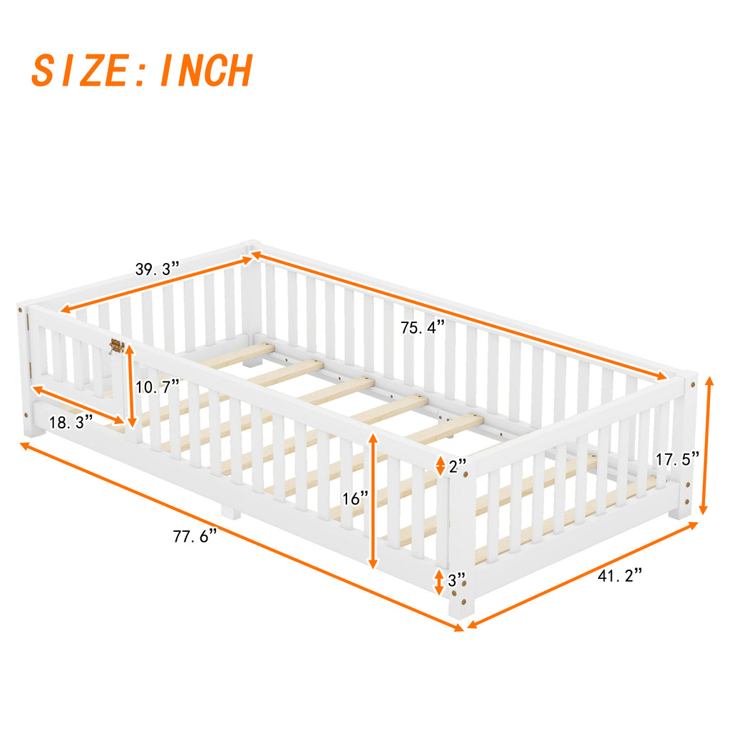 Leoglint Twin Size Bed Floor Bed Frame with Safety Guardrails and Door for Kids, White(Old SKU:W158090683)