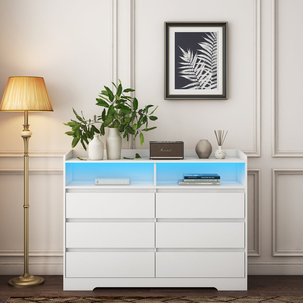 Leoglint 6 Drawer Chest Drawer Dresser, White Dresser for Bedroom with LED Lights, Modern Dressers & Chests of Drawers with Sturdy Frame for Living Room, Entryway, Hallway