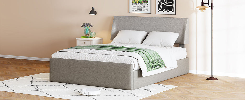 Leoglint Full Size Sleigh Bed Frame with Side-Tilt Hydraulic Storage System, Linen Upholstery, Gray