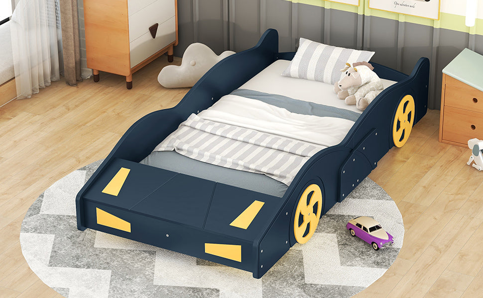 Leoglint Twin Size Race Car-Shaped Platform Bed Frame with Wheels and Storage, Dark Blue+Yellow