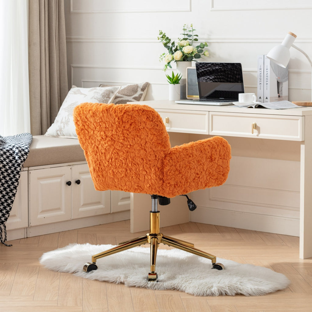 Leoglint A&A Furniture Office Chair,Artificial rabbit hair Home Office Chair with Golden Metal Base,Adjustable Desk Chair Swivel Office Chair,Vanity Chair(Orange)