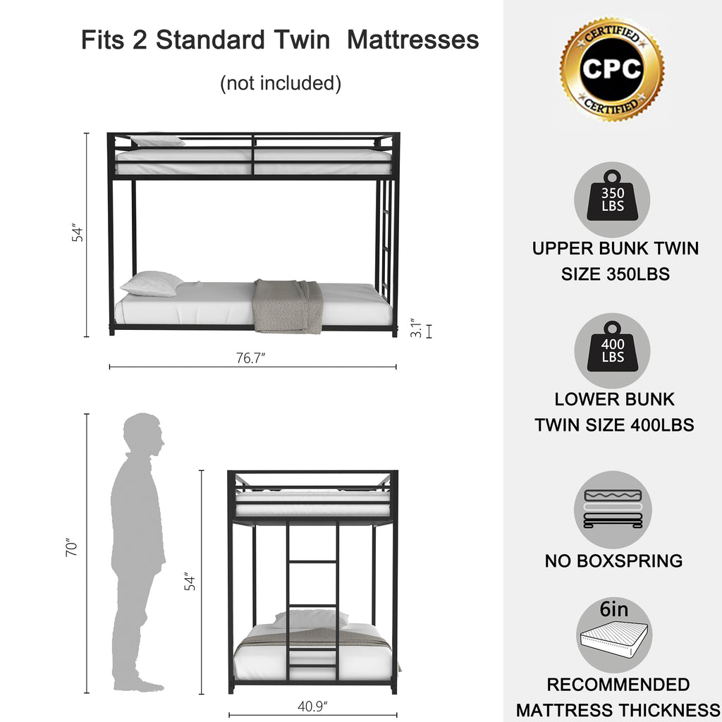 Leoglint Bed Frame Adam Twin over Twin Metal Bunk, Black