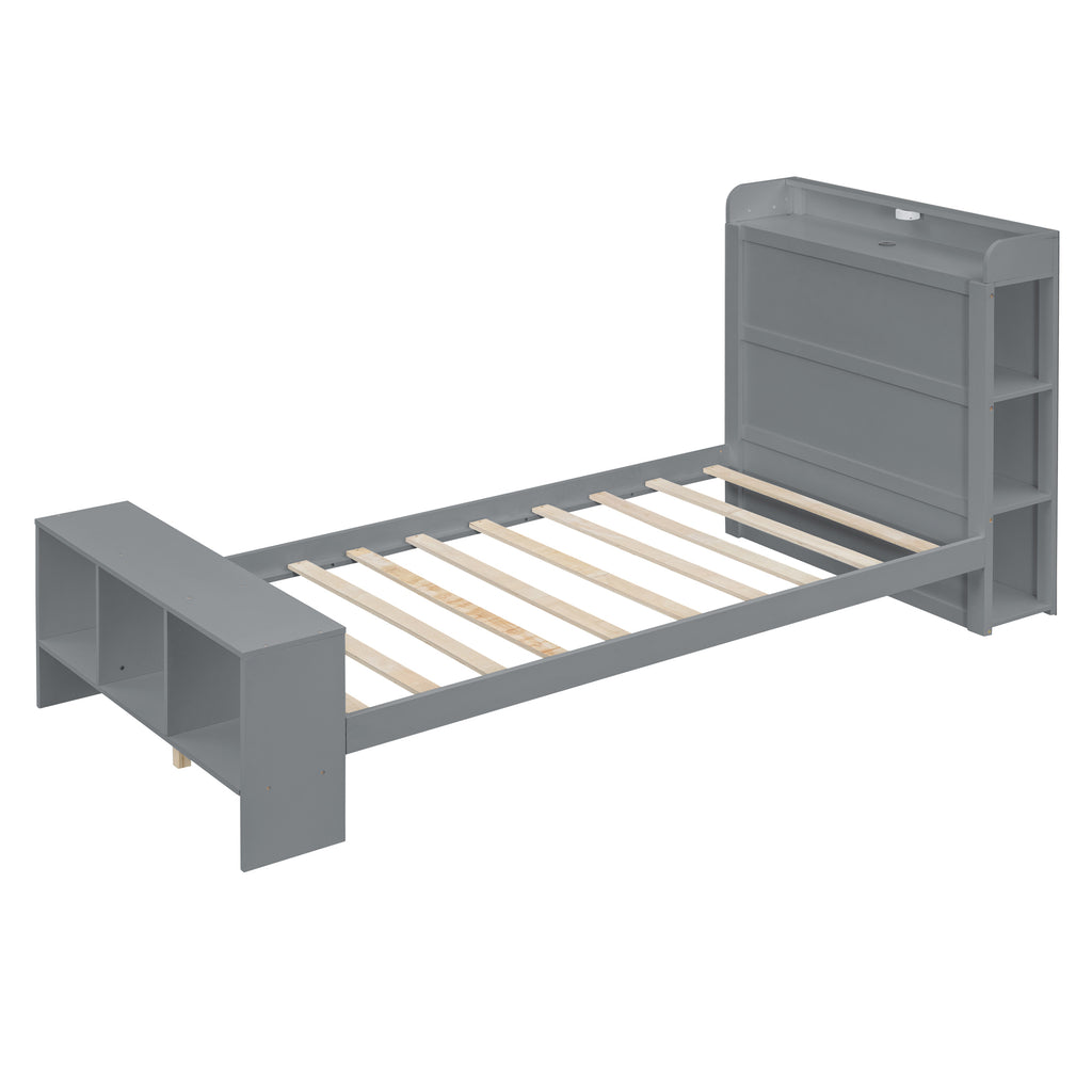 Leoglint Twin Size Platform Bed Frame with built-in shelves, LED Light and USB ports, Gray