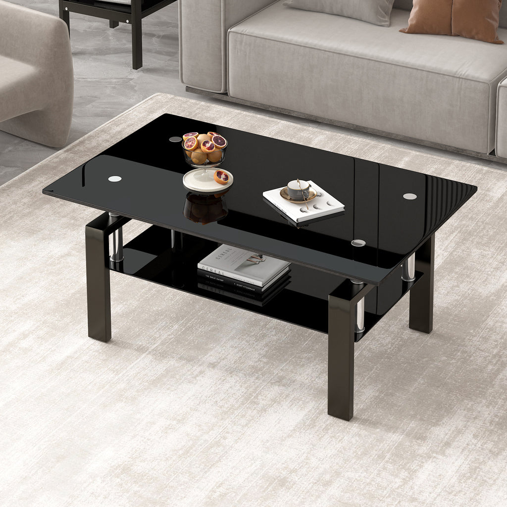 Leoglint Tempered Black Glass Coffee Table, 2-Layers Tea Table