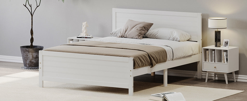 Leoglint Wood Platform Bed Frame with Headboard, Mattress Foundation with Wood Slat Support, No Box Spring Needed, King Size, White