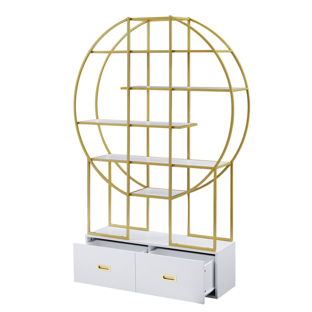 Leoglint 70.8 Inch Round Office Bookcase Bookshelf, Display Shelf, Two Drawers, Gold Frame