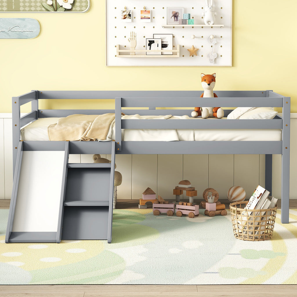 Twin Low Loft Bed Frame with Slide,  Ladder, Safety Guardrails, No Box Spring Needed,Grey