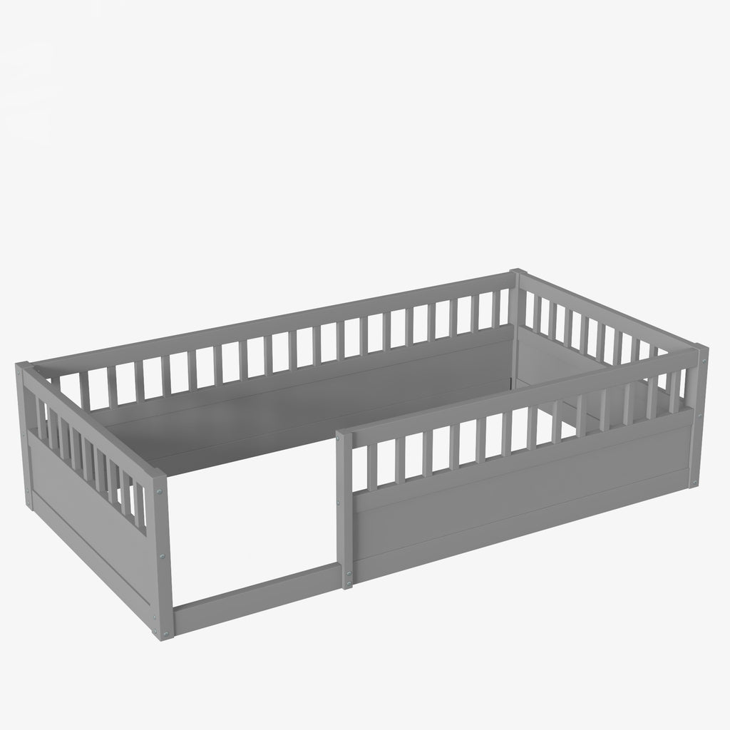 Twin Floor Bed Frame with Fence, Wood Kids Floor Beds Frame for Bedroom Playroom,Gray(Expect arrive date Jun. 21st)