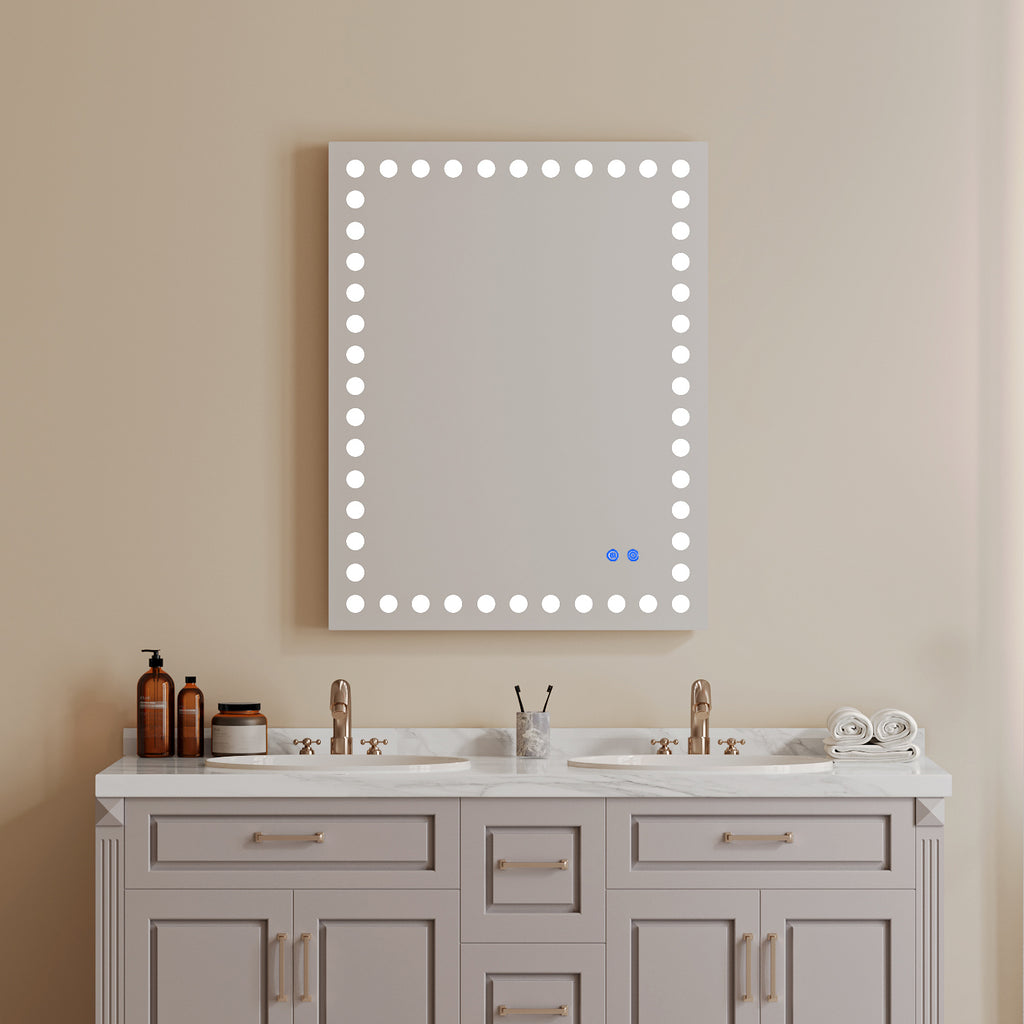 Leoglint 36×28 Inch Led-Lit Bathroom Mirror, Wall Mounted Anti-Fog Memory Rectangular Vanity Mirror With Tri-White Front Circular Light And Touch Sensor Dimmer Switch