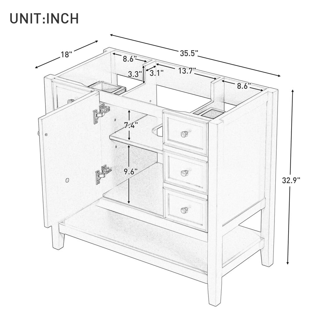 Leoglint 36" Bathroom Vanity without Sink, Cabinet Base Only, One Cabinet and three Drawers, Black