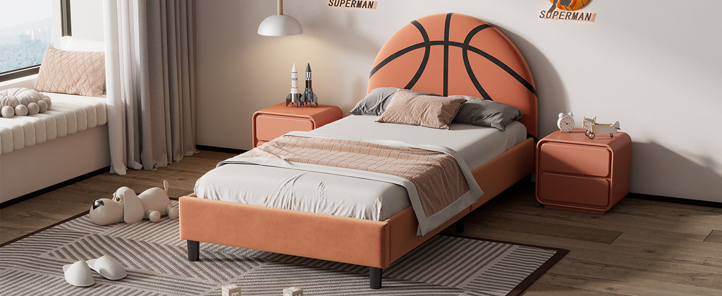 Leoglint Bed Frame Basketball Design Upholstered Twin Platform Bed Sport Style Bed for Boys & Girls, Teens, Orange