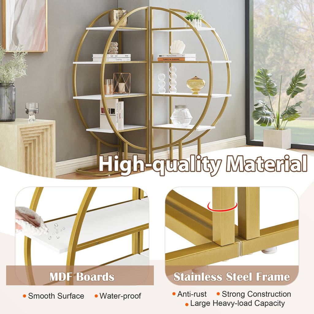 Leoglint 4 Tiers Home Office Open Bookshelf, Round Shape, Different Placement Ways, MDF Board, Gold Metal Frame, White