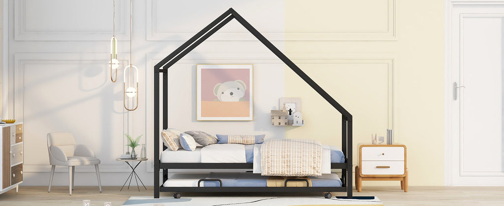 Metal House Bed Frame With Trundle, Twin Size House  Bed Black