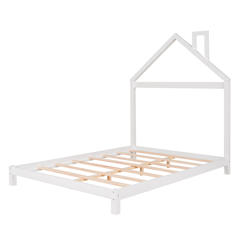 Leoglint Full Size Wood Platform Bed Frame with House-shaped Headboard  (White)