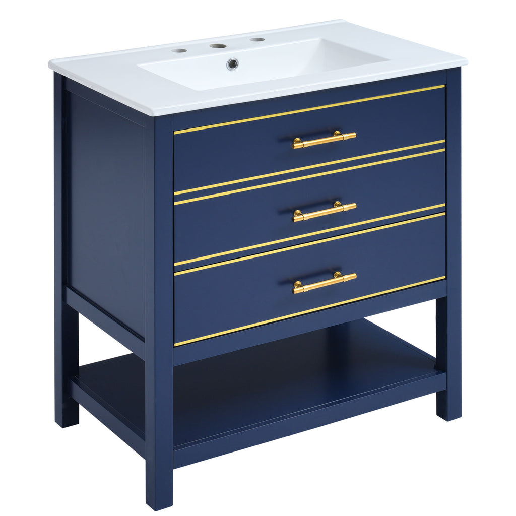 Leoglint [Viedo]Modern 30inch Navy Blue/White Bathroom Vanity Cabinet Combo with OpenStorge, Two Drawers