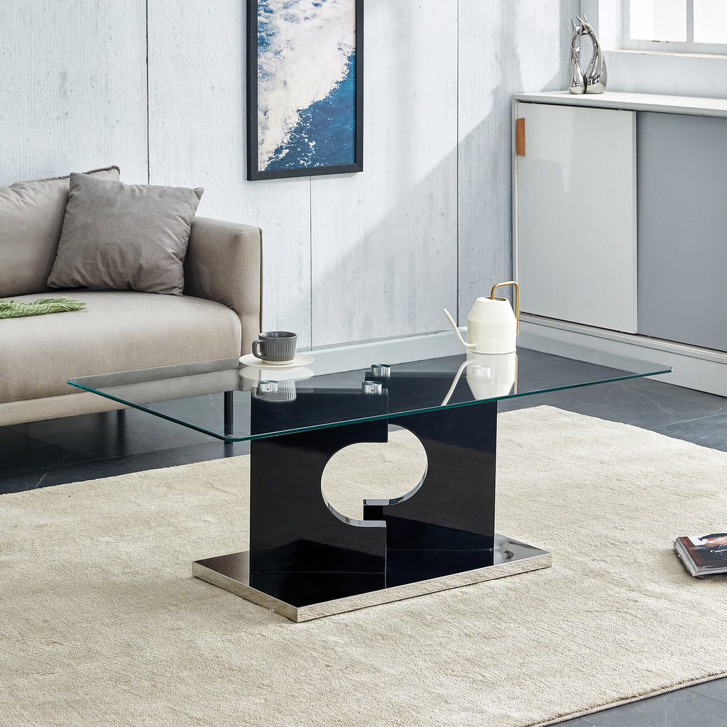 Leoglint A rectangular modern and fashionable coffee table with tempered glass tabletop and black MDF legs. Suitable for living room.47.2"*25.5"*18"