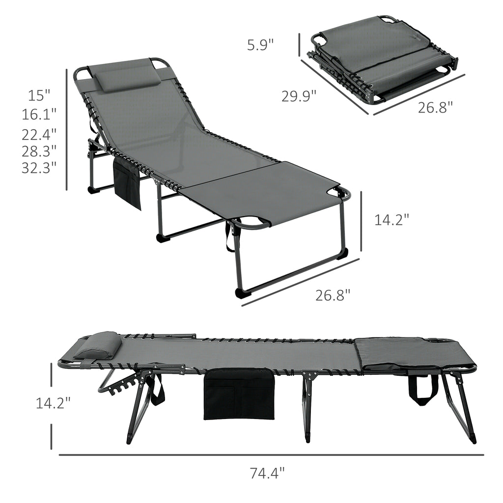 Leoglint Folding Chaise Lounge with 5-level Reclining Back, Outdoor Chair with Reading Face Hole, Outdoor Lounge Chair with Side Pocket & Headrest for Beach, Yard, Patio, Gray