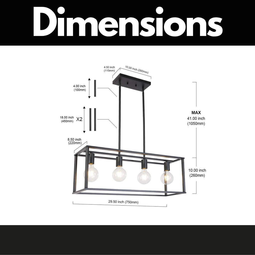 Leoglint Pendant Lighting 4 Light Industrial Vintage Open Frame Rectangle Chandeliers Modern Black Linear Cage Ceiling Light Fixture