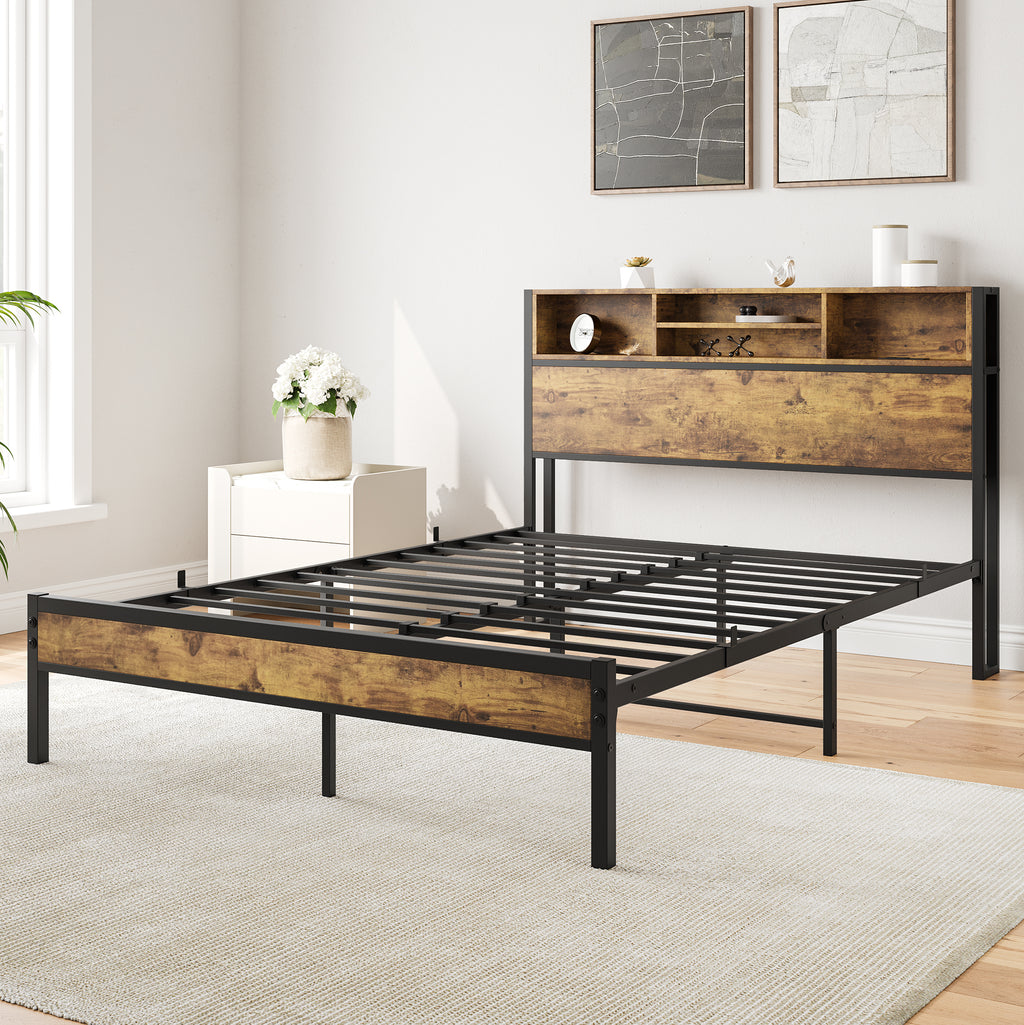 Leoglint Full Size Bed Frame with Storage Headboard, Metal Platform Bed with Charging Station,  Bookcase Storage, No Box Spring Needed, Easy Assembly, Noise-Free, Black