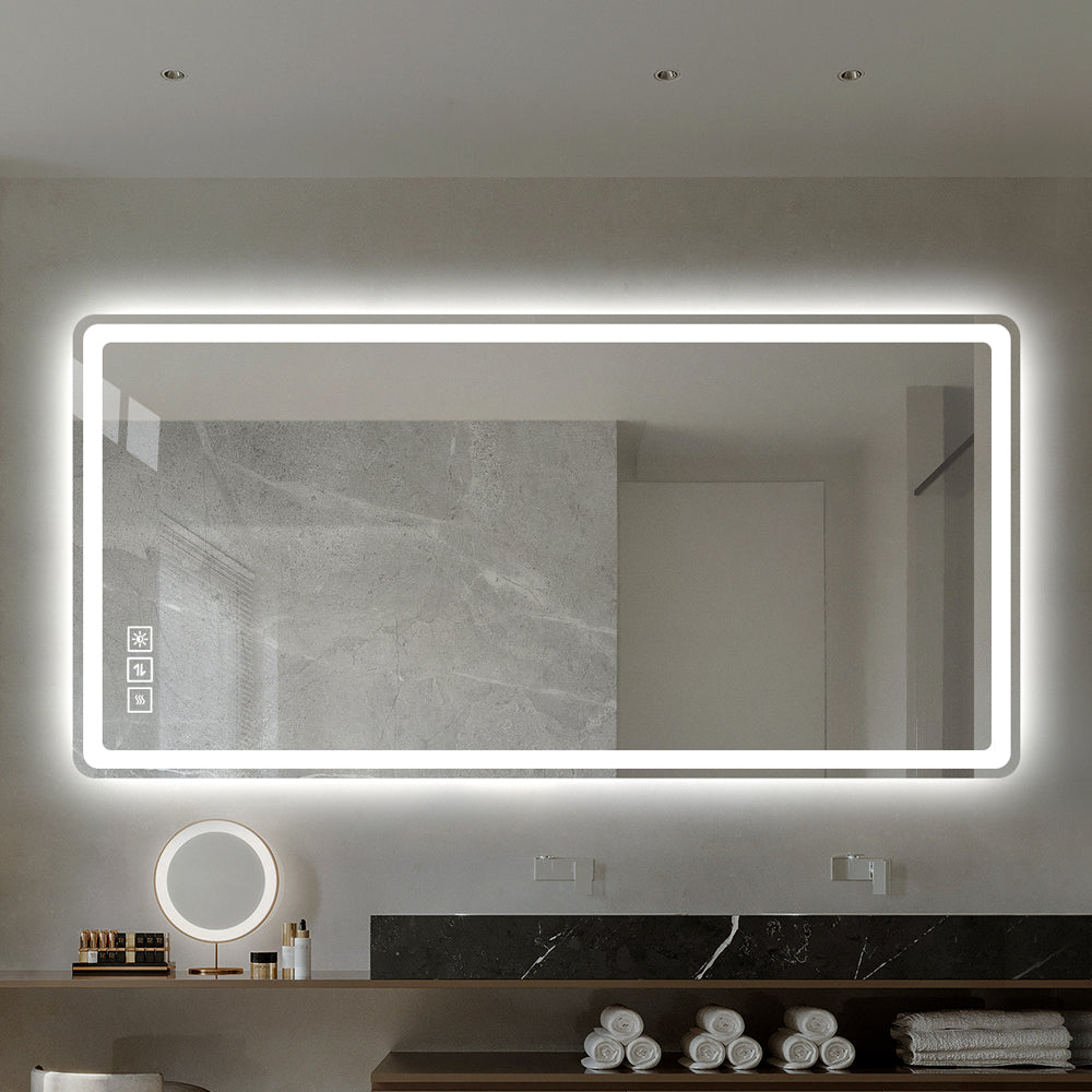 Leoglint 40*24 Inch LED Bathroom Mirror Vanity Mirrors with Front Lights Wall Mounted Anti-Fog Frameless Make Up Mirror with Light 5 mm Copper-Free Silver Mirror Horizontal or Vertical