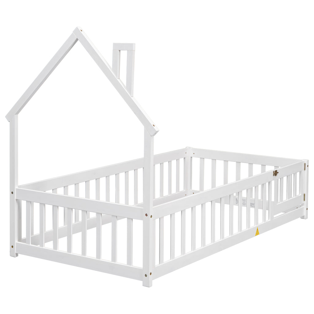 Twin House-Shaped Headboard Floor Bed Frame with Fence,White