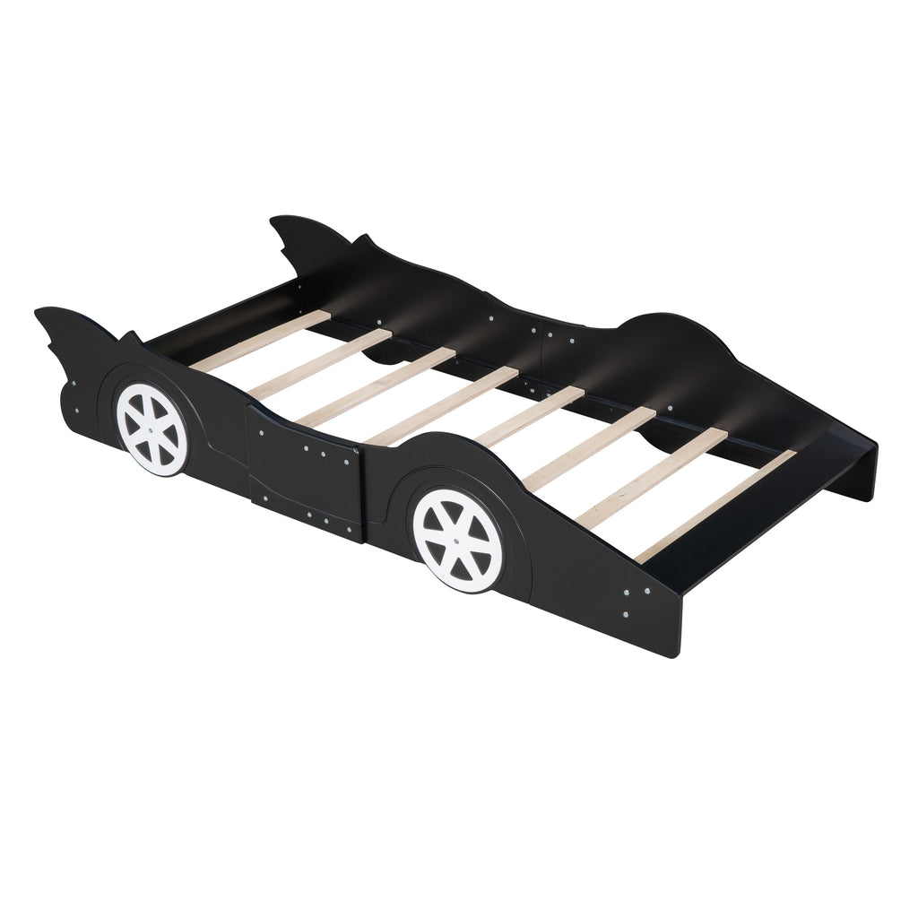 Leoglint Twin Size Race Car-Shaped Platform Bed Frame with Wheels,Black