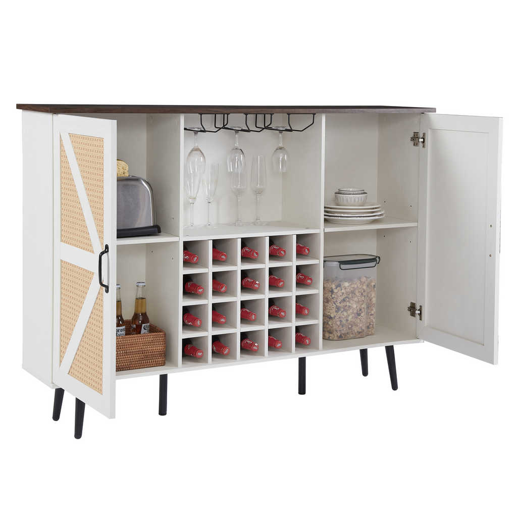 Leoglint Sideboard White Faux Rattan Barn Door Wine Cabinet with Wine Rack and Wine Glass Rack, Double Door Design with Removable Shelves, Rustic Wood Storage Cabinet